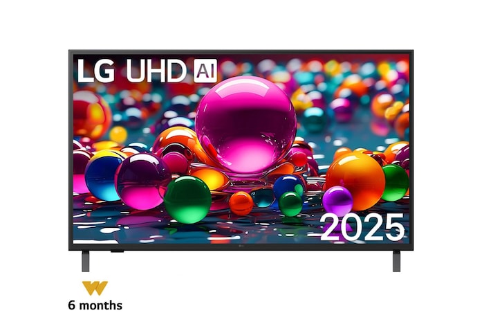 Front view of UHD UA75 TV, LG UHD Al Logo on the top corner. LG UHD TV depicts colorful paintike textures coming together.
