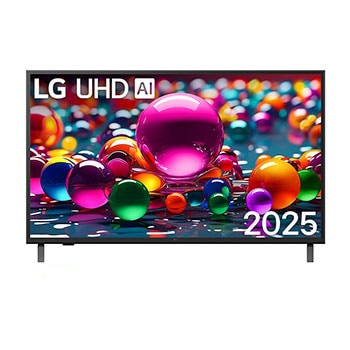 Front view of UHD UA75 TV, LG UHD Al Logo on the top corner. LG UHD TV depicts colorful paintike textures coming together.