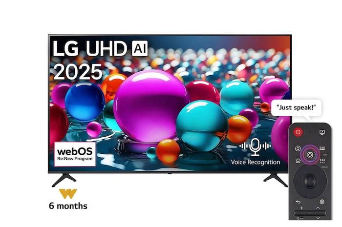 Front view of UHD UA75 TV, LG UHD Al Logo on the top corner. LG UHD TV depicts colorful paintike textures coming together.