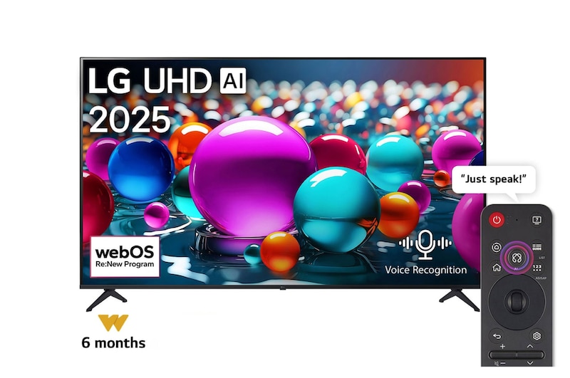 Front view of UHD UA75 TV, LG UHD Al Logo on the top corner. LG UHD TV depicts colorful paintike textures coming together.