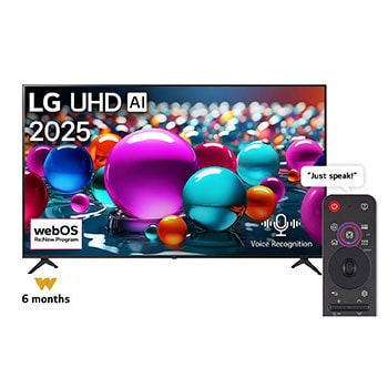 Front view of UHD UA75 TV, LG UHD Al Logo on the top corner. LG UHD TV depicts colorful paintike textures coming together.