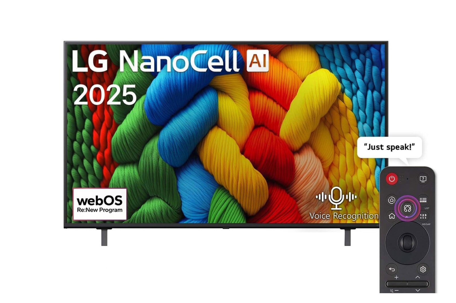 Front view of 55 inch LG NanoCell AI NANO80 4K Smart TV AI Magic remote HDR10 webOS25 2025  55NANO80A6A