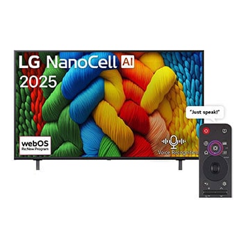 Front view of 55 inch LG NanoCell AI NANO80 4K Smart TV AI Magic remote HDR10 webOS25 2025  55NANO80A6A
