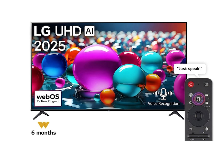 Front view of UHD UA75 TV, LG UHD Al Logo on the top corner. LG UHD TV depicts colorful paintike textures coming together.