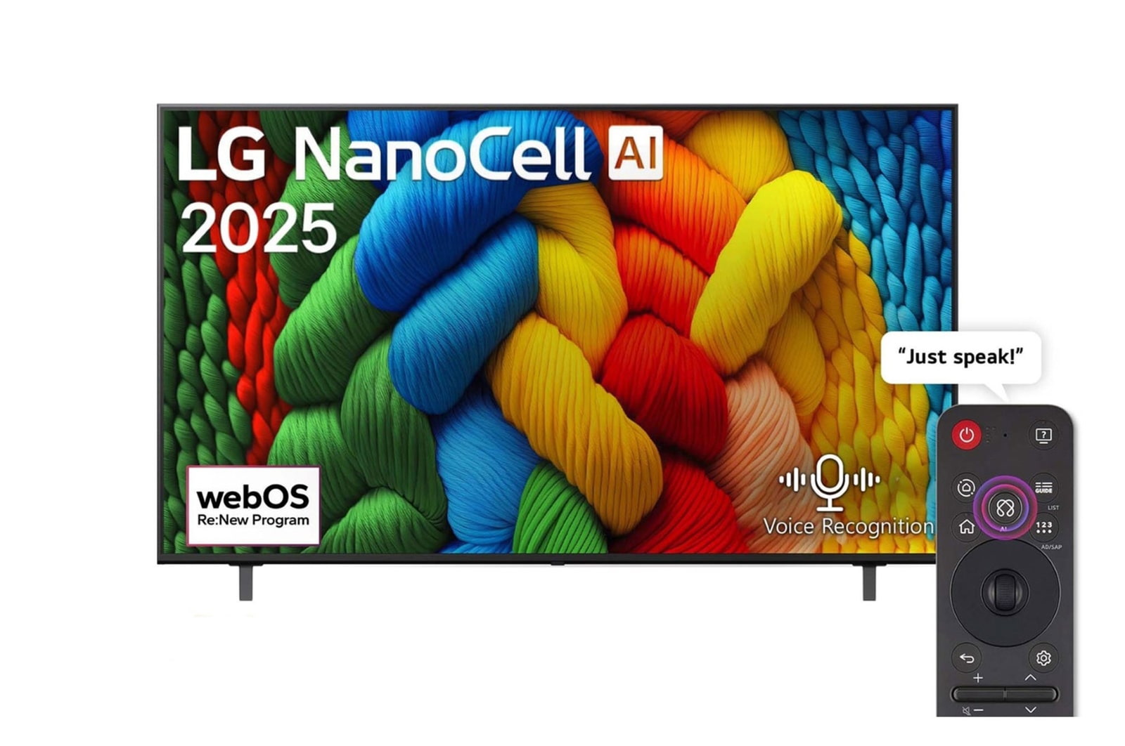 Front view of NanoCell TV, LG NanoCell Al Logo on the top corner. LG NanoCell NANO80 TV depicts colorful paintike textures coming together.