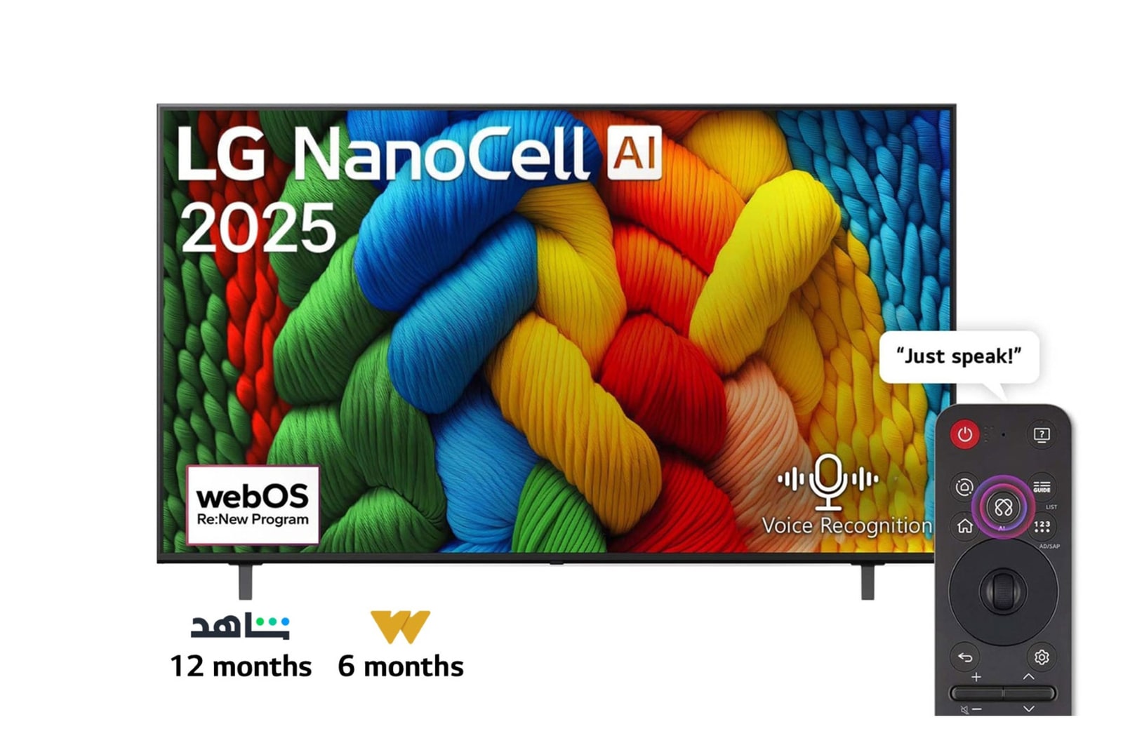 Front view of NanoCell TV, LG NanoCell Al Logo on the top corner. LG NanoCell NANO80 TV depicts colorful paintike textures coming together.