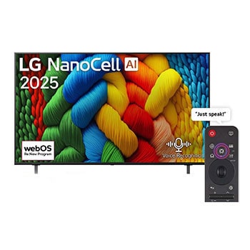 Front view of NanoCell TV, LG NanoCell Al Logo on the top corner. LG NanoCell NANO80 TV depicts colorful paintike textures coming together.