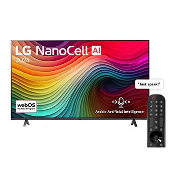 Front view of 65 Inch LG NanoCell AI NANO80 4K Smart TV AI Magic remote HDR10 webOS24 (2024) 65NANO80T6A