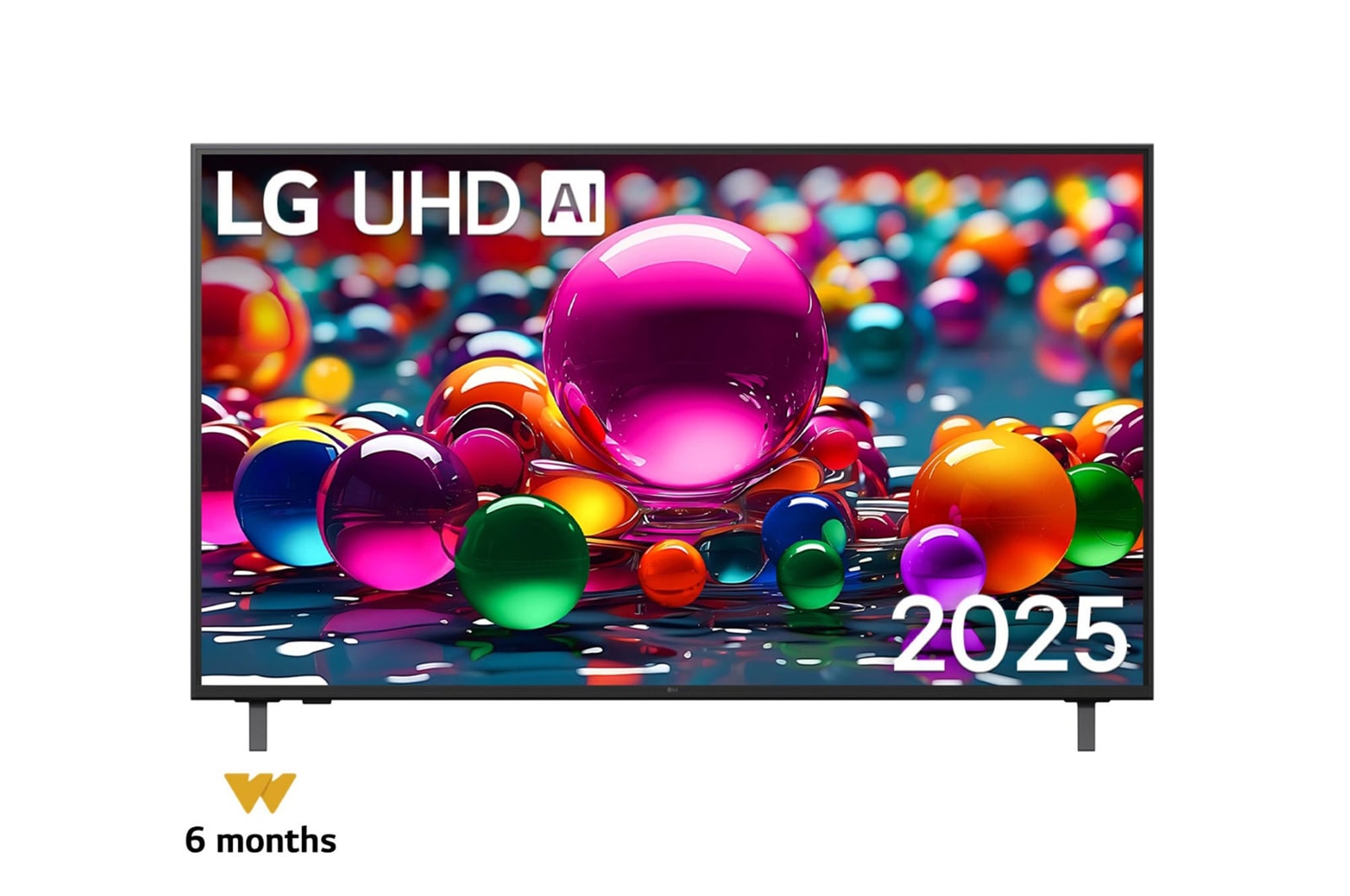 Front view of UHD UA75 TV, LG UHD Al Logo on the top corner. LG UHD TV depicts colorful paintike textures coming together.