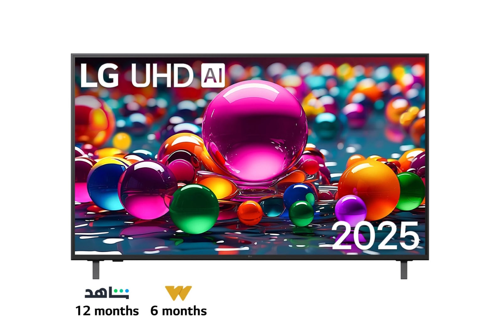 Front view of UHD UA75 TV, LG UHD Al Logo on the top corner. LG UHD TV depicts colorful paintike textures coming together.