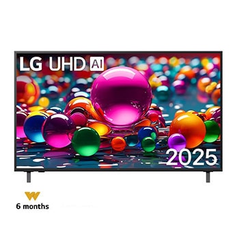 Front view of UHD UA75 TV, LG UHD Al Logo on the top corner. LG UHD TV depicts colorful paintike textures coming together.