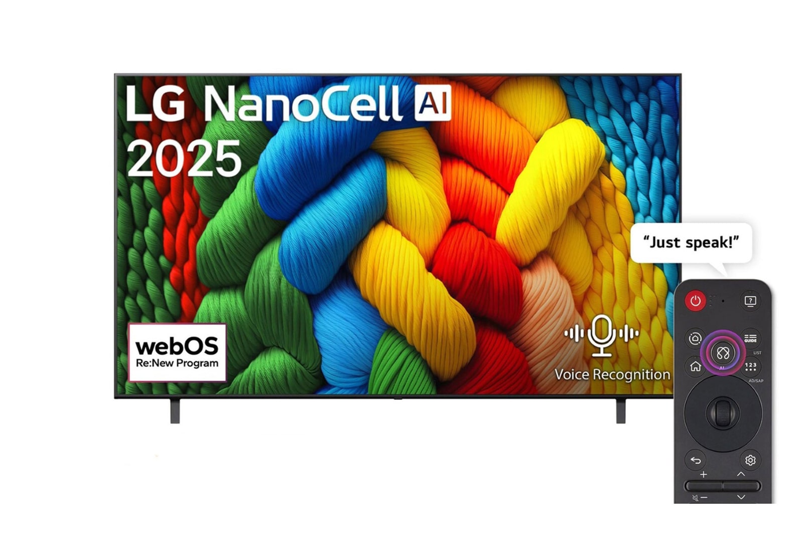 Front view of 75 inch LG NanoCell AI NANO80 4K Smart TV AI Magic remote HDR10 webOS25 2025  75NANO80A6A