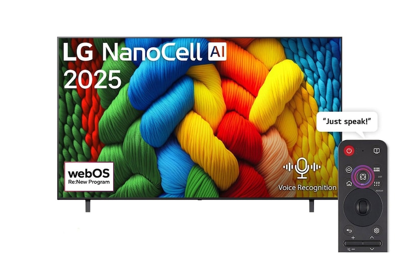 Front view of 75 inch LG NanoCell AI NANO80 4K Smart TV AI Magic remote HDR10 webOS25 2025  75NANO80A6A