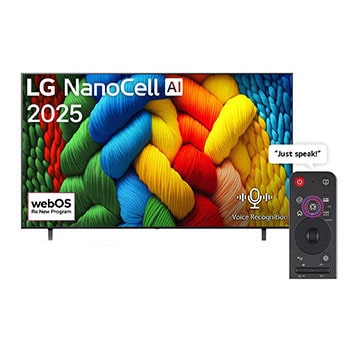 Front view of 75 inch LG NanoCell AI NANO80 4K Smart TV AI Magic remote HDR10 webOS25 2025  75NANO80A6A