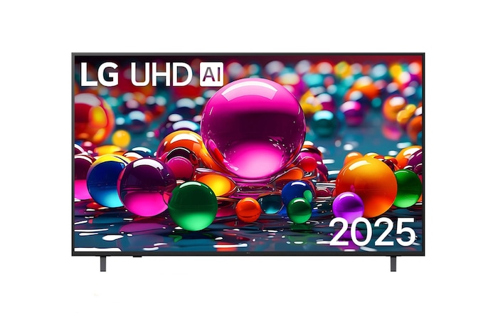 Front view of UHD UA75 TV, LG UHD Al Logo on the top corner. LG UHD TV depicts colorful paintike textures coming together.