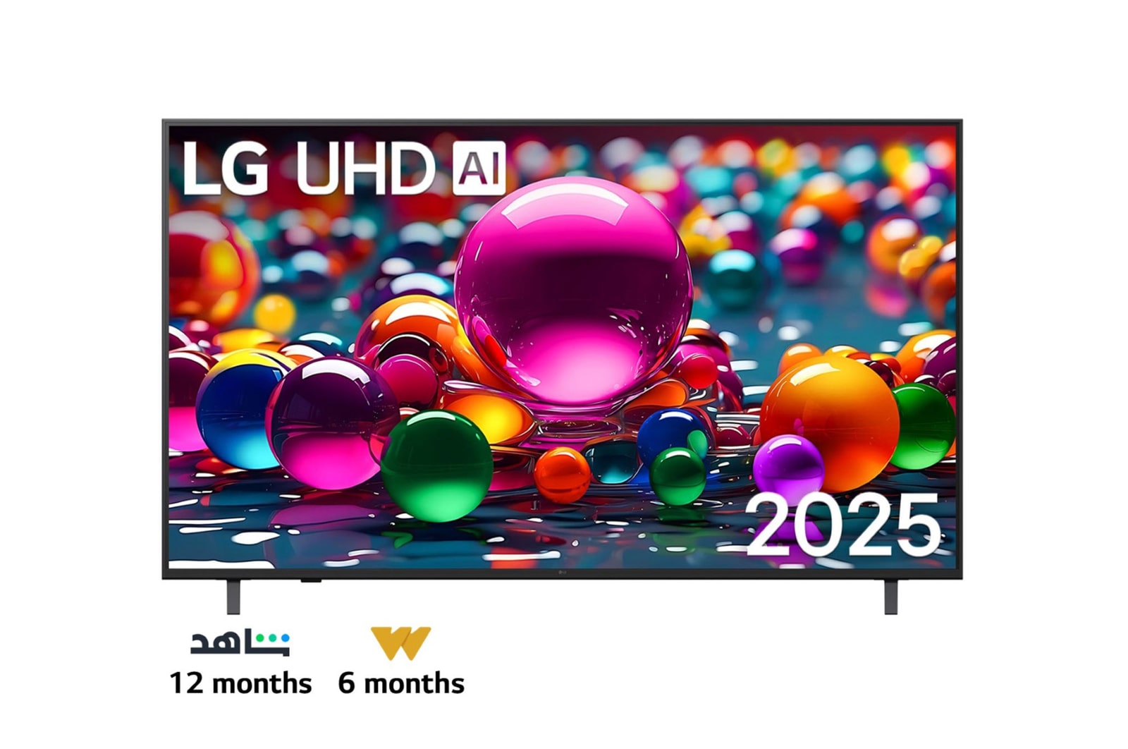 Front view of UHD UA75 TV, LG UHD Al Logo on the top corner. LG UHD TV depicts colorful paintike textures coming together.