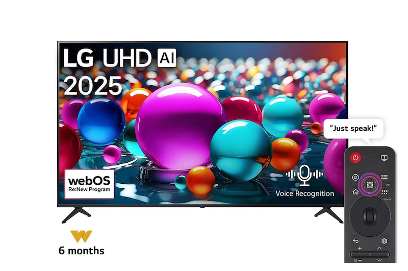 Front view of UHD UA75 TV, LG UHD Al Logo on the top corner. LG UHD TV depicts colorful paintike textures coming together.