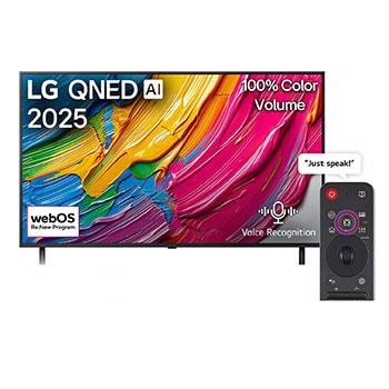 Front view of LG QNED80 TV, LG QNED Al Logo on the top corner. LG QNED TV depicts colorful paintike textures coming together.