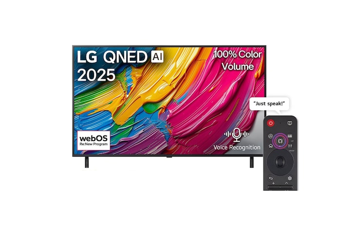 Front view of LG QNED80 TV, LG QNED Al Logo on the top corner. LG QNED TV depicts colorful paintike textures coming together.