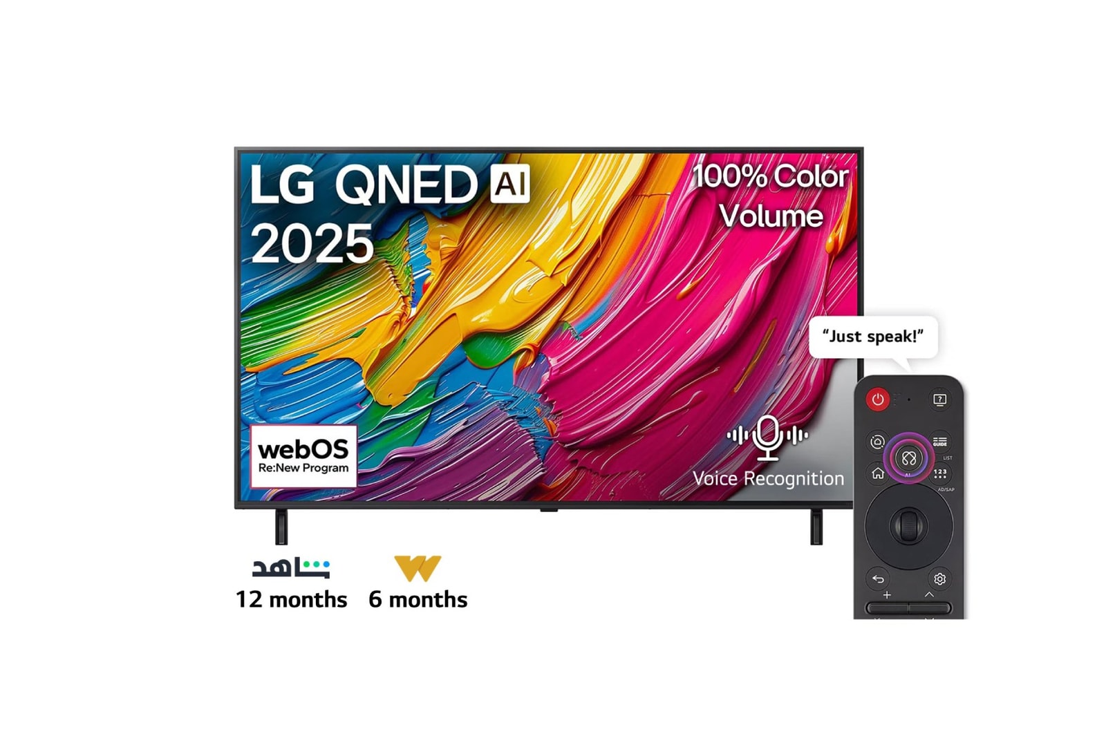 Front view of LG QNED80 TV, LG QNED Al Logo on the top corner. LG QNED TV depicts colorful paintike textures coming together.