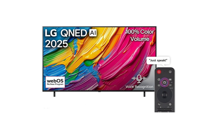 Front view of LG QNED80 TV, LG QNED Al Logo on the top corner. LG QNED TV depicts colorful paintike textures coming together.