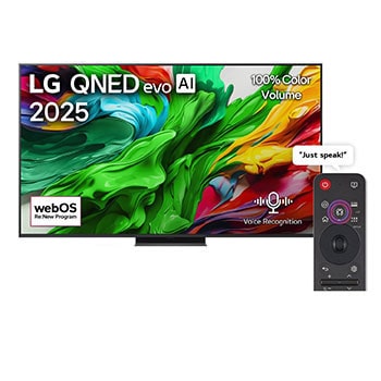 Front view of 65 inch LG QNED evo AI QNED86 MiniLED 4K 120Hz Smart TV AI Magic remote webOS25 2025  65QNED86A6A