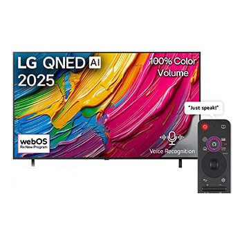 Front view of LG QNED80 TV, LG QNED Al Logo on the top corner. LG QNED TV depicts colorful paintike textures coming together.