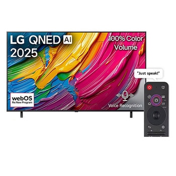 Front view of LG QNED80 TV, LG QNED Al Logo on the top corner. LG QNED TV depicts colorful paintike textures coming together.
