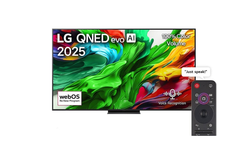 Front view of 75 inch LG QNED evo AI QNED86 MiniLED 4K 120Hz Smart TV AI Magic remote webOS25 2025 75QNED86A6A