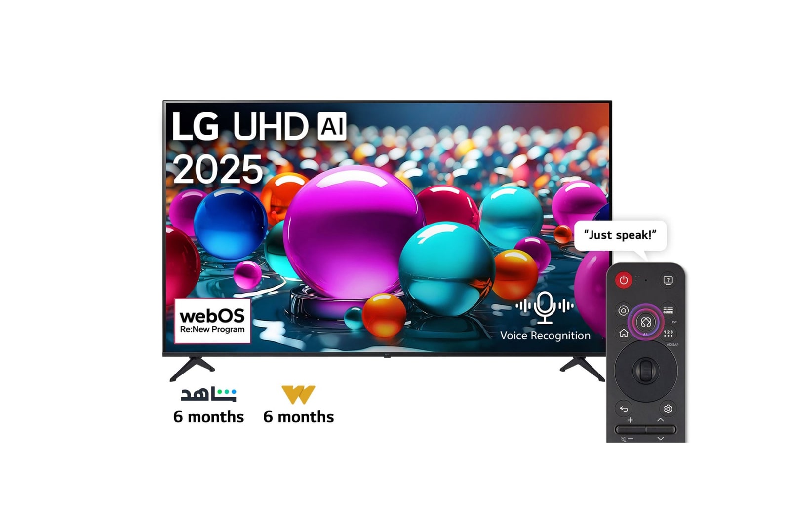 Front view of UHD UA75 TV, LG UHD Al Logo on the top corner. LG UHD TV depicts colorful paintike textures coming together.