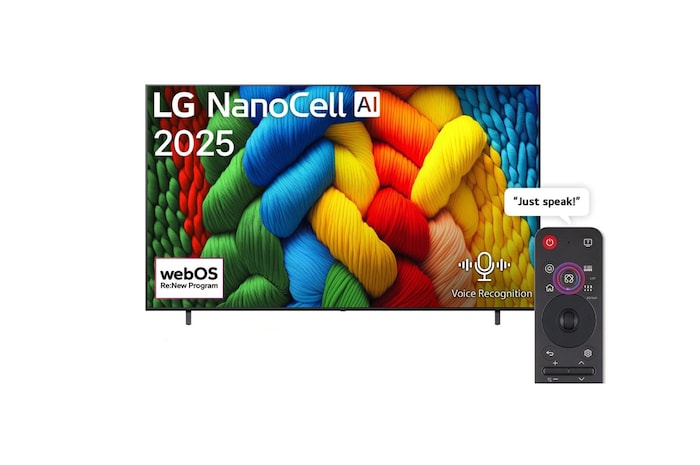 Front view of NanoCell TV, LG NanoCell Al Logo on the top corner. LG NanoCell NANO80 TV depicts colorful paintike textures coming together.