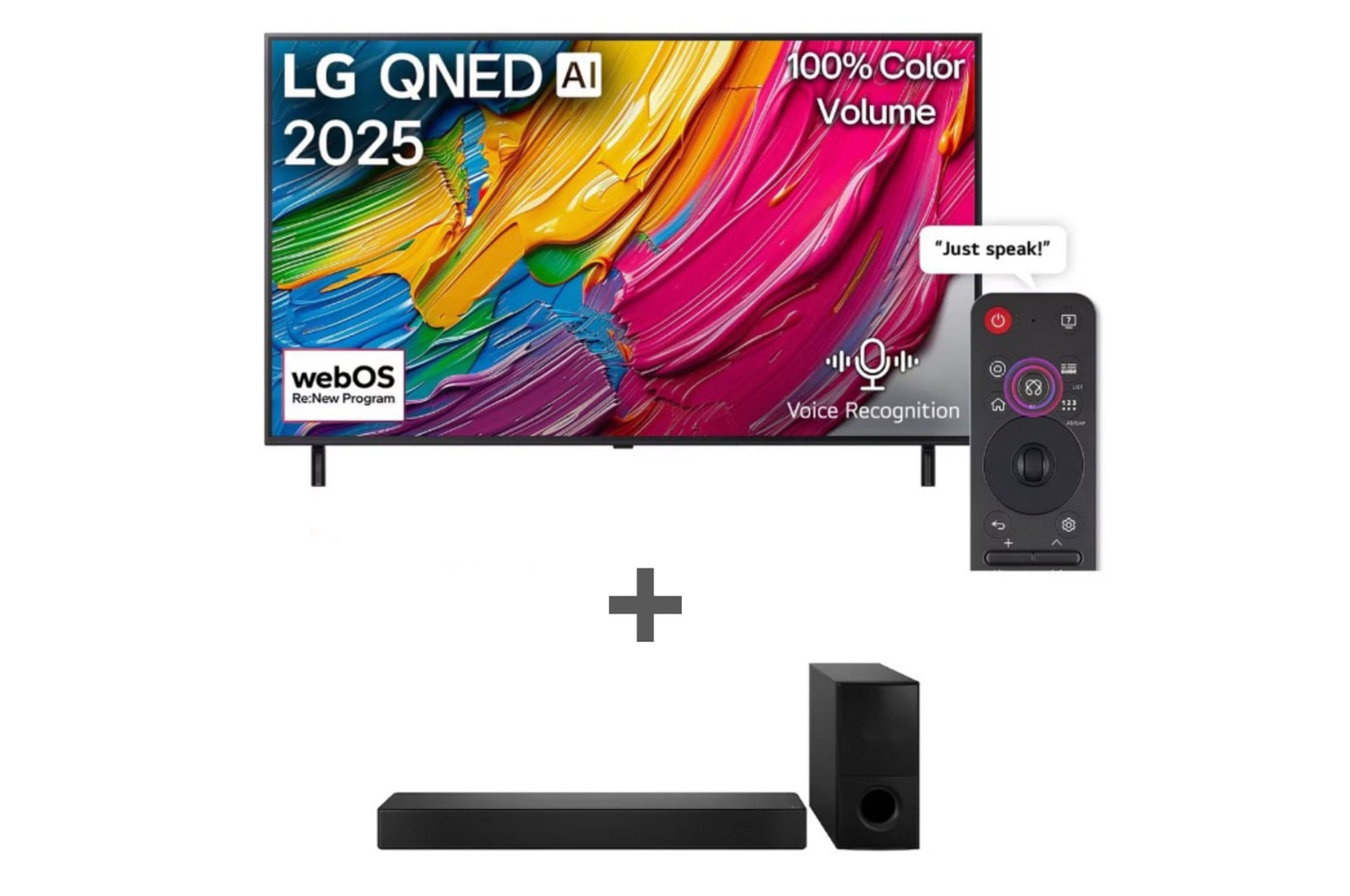 Front view of 86 Inch LG QNED AI QNED70 4K Smart TV AI Magic remote HDR10 WebOS25 2025 + Sound Bar with WOW Orchestra, Powerful 600W - SH5A 86Q70A.SH5A