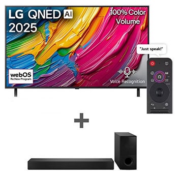 Front view of 86 Inch LG QNED AI QNED70 4K Smart TV AI Magic remote HDR10 WebOS25 2025 + Sound Bar with WOW Orchestra, Powerful 600W - SH5A 86Q70A.SH5A