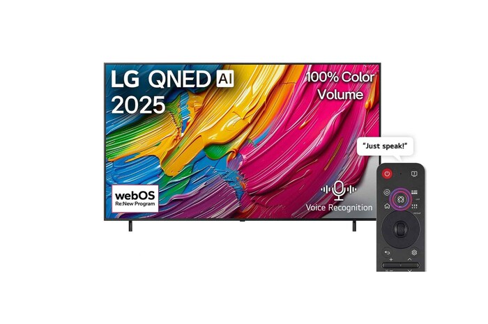 Front view of LG QNED80 TV, LG QNED Al Logo on the top corner. LG QNED TV depicts colorful paintike textures coming together.