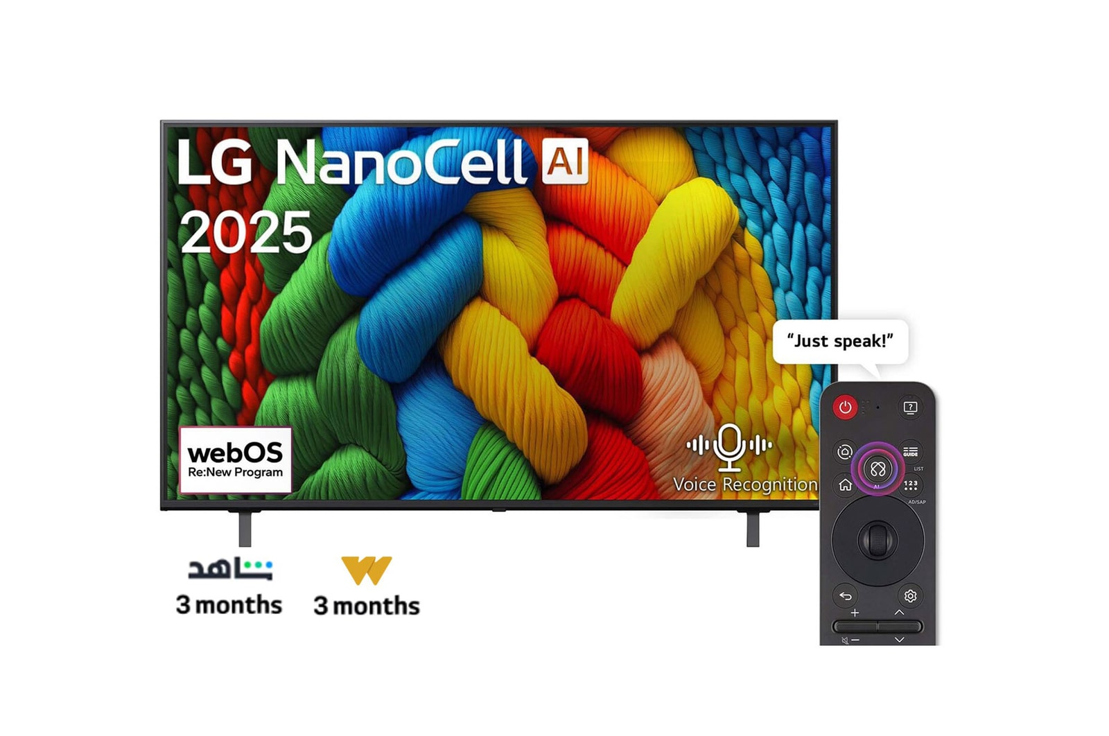 Front view of NanoCell TV, LG NanoCell Al Logo on the top corner. LG NanoCell NANO80 TV depicts colorful paintike textures coming together.