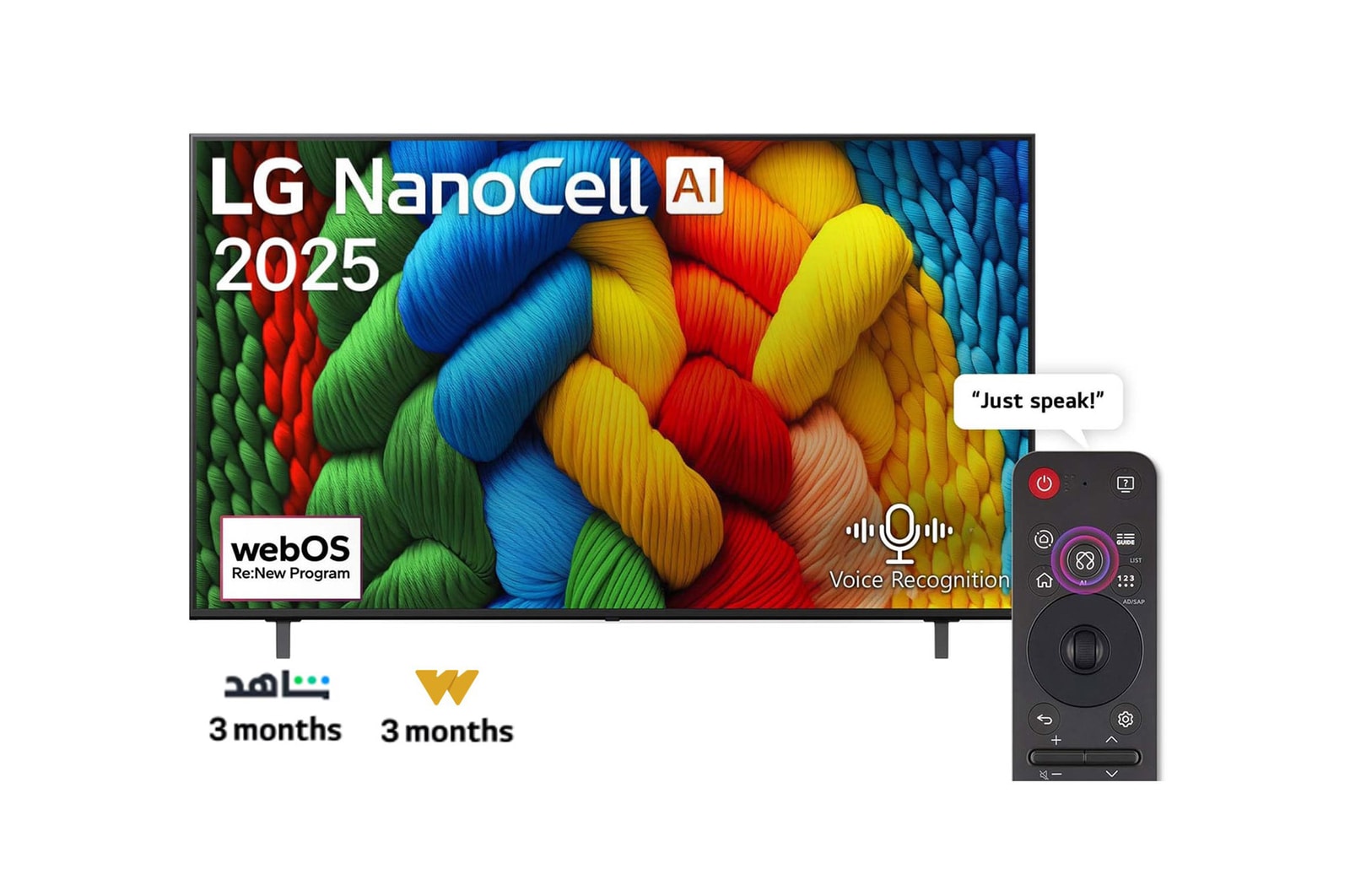 Front view of NanoCell TV, LG NanoCell Al Logo on the top corner. LG NanoCell NANO80 TV depicts colorful paintike textures coming together.