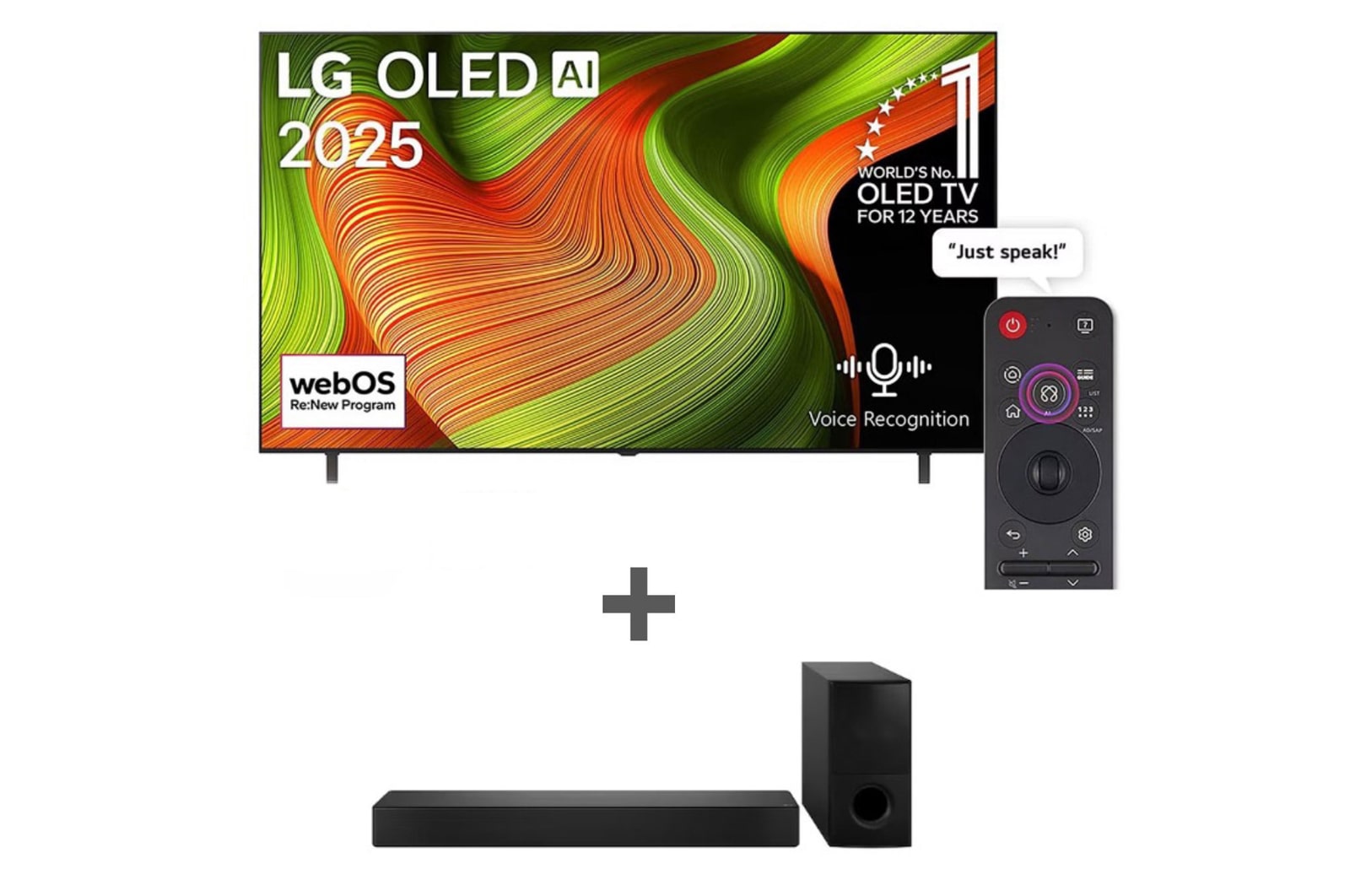 Front view of 77 inch LG OLED AI B5 4K 120Hz Smart TV AI Magic remote webOS25 2025 + Sound Bar with WOW Orchestra, Powerful 600W - SH5A 77B56.SH5A