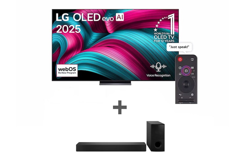 Front view of 77 inch LG OLED evo AI C5 4K 144Hz Smart TV AI Magic remote webOS25 2025 + QNED-matching SoundBar, Dolby Atmos - SQ70TY 77C56.SQ70TY