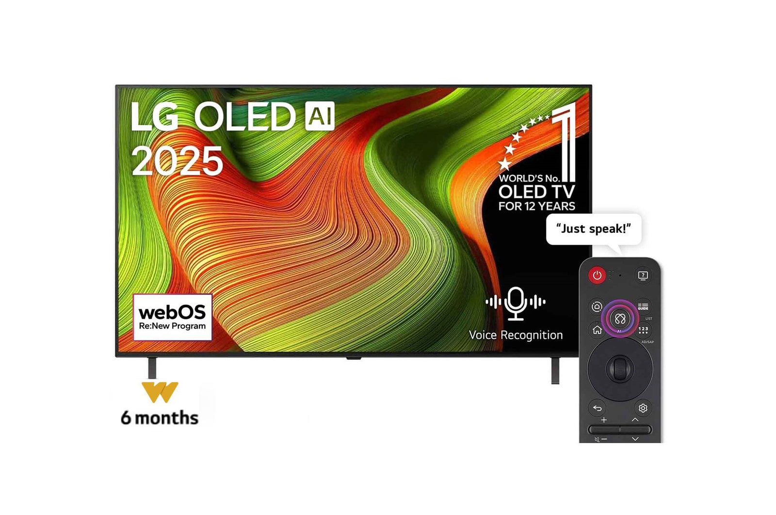 Front view of LG OLED AI B5 4K Smart TV. 12 Years of world number 1 OLED emblem and LG OLED AI 2025 logo are on the screen.