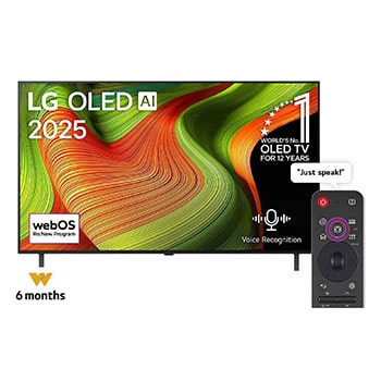 Front view of LG OLED AI B5 4K Smart TV. 12 Years of world number 1 OLED emblem and LG OLED AI 2025 logo are on the screen.