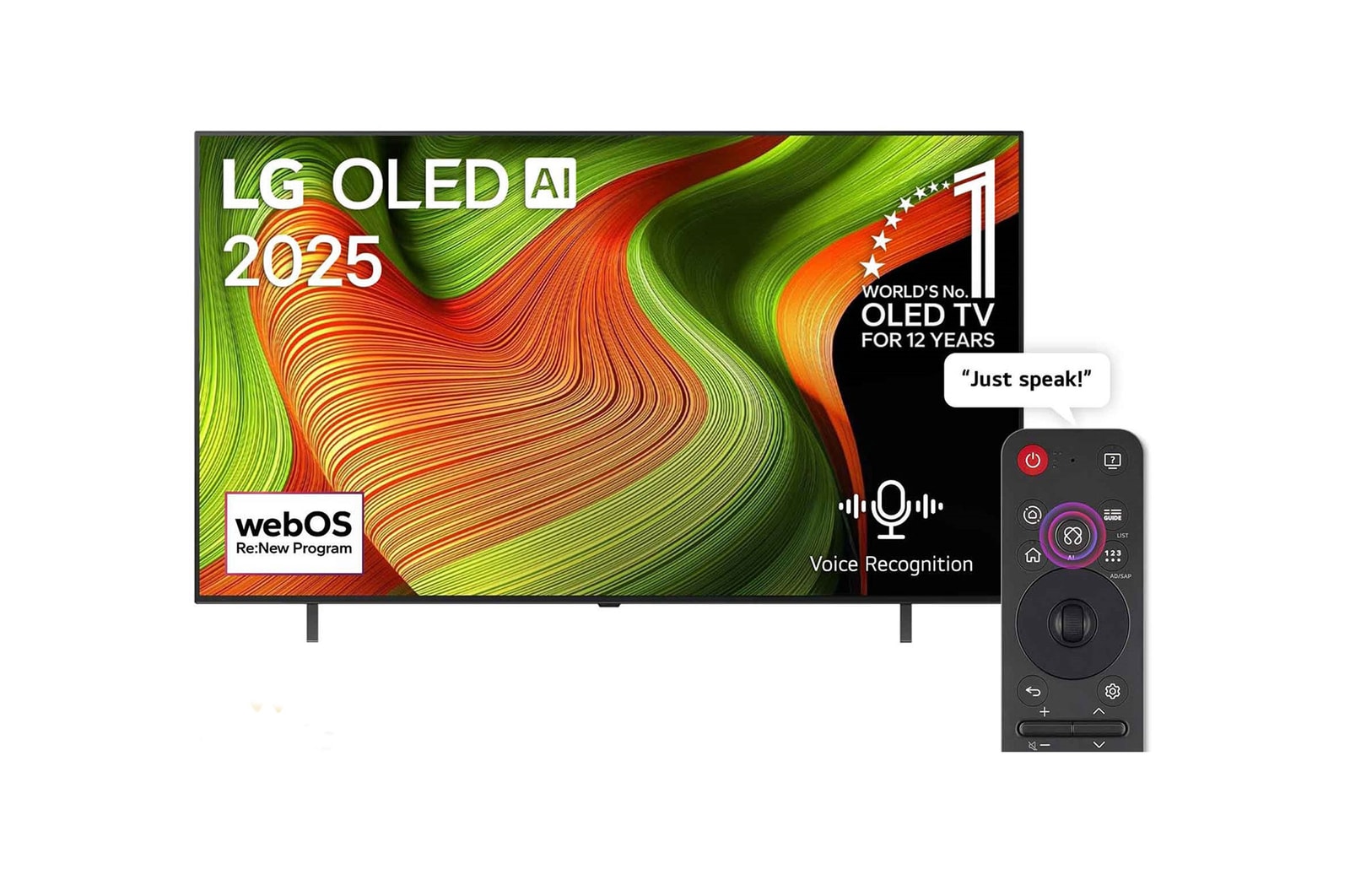 Front view of 65 inch LG OLED AI B5 4K 120Hz Smart TV AI Magic remote webOS25 2025  OLED65B56LA