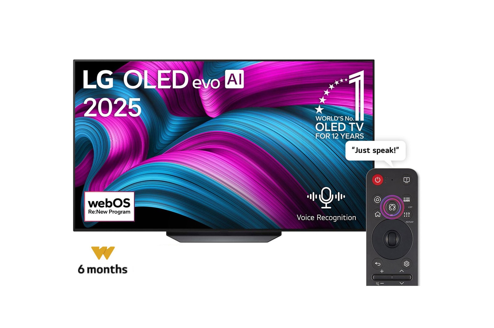 Front view of LG OLED evo AI CS5 4K Smart TV. 12 Years of world number 1 OLED emblem and LG OLED evo AI 2025 logo are on the screen.