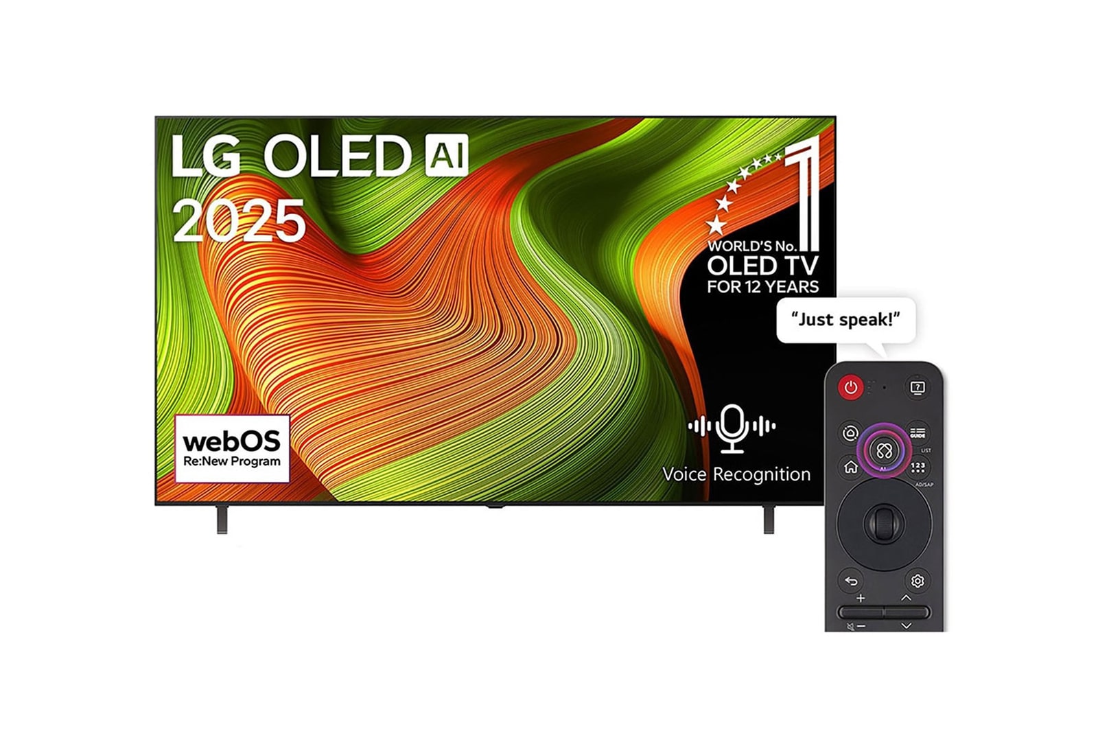 Front view of LG OLED AI B5 4K Smart TV. 12 Years of world number 1 OLED emblem and LG OLED AI 2025 logo are on the screen.