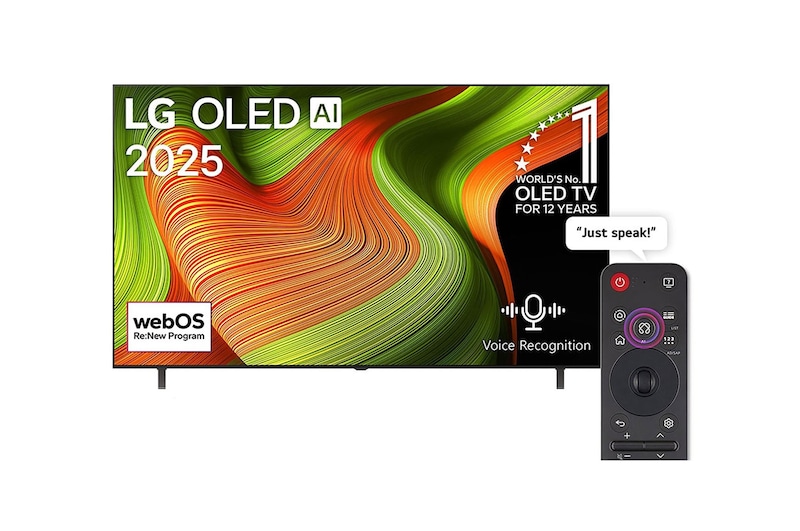 Front view of LG OLED AI B5 4K Smart TV. 12 Years of world number 1 OLED emblem and LG OLED AI 2025 logo are on the screen.