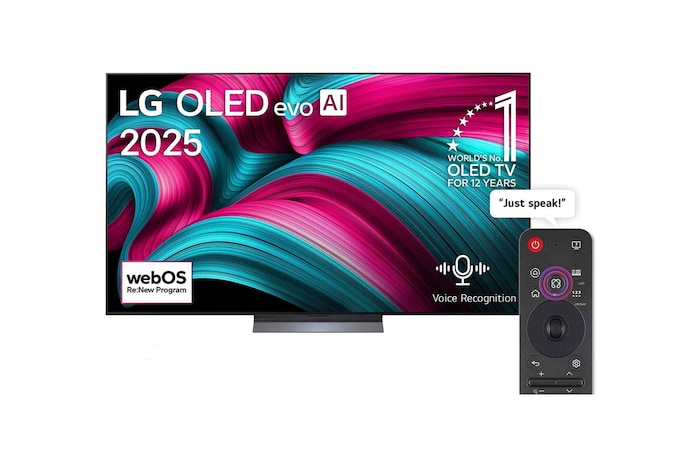 Front view of LG OLED evo AI C5 4K Smart TV. 12 Years of world number 1 OLED emblem and LG OLED evo AI 2025 logo are on the screen.