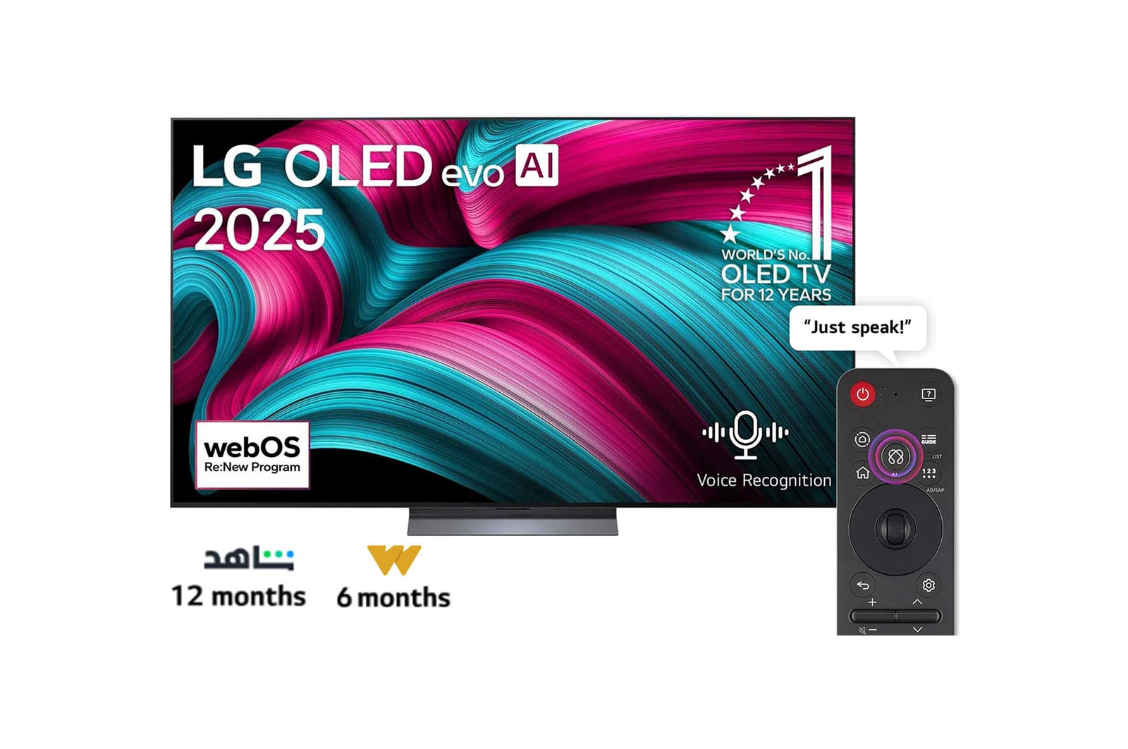 Front view of LG OLED evo AI C5 4K Smart TV. 12 Years of world number 1 OLED emblem and LG OLED evo AI 2025 logo are on the screen.
