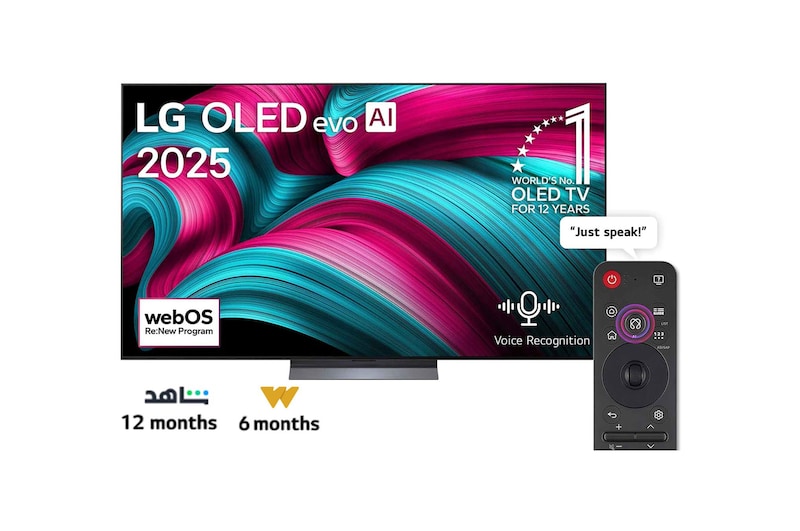 Front view of LG OLED evo AI C5 4K Smart TV. 12 Years of world number 1 OLED emblem and LG OLED evo AI 2025 logo are on the screen.