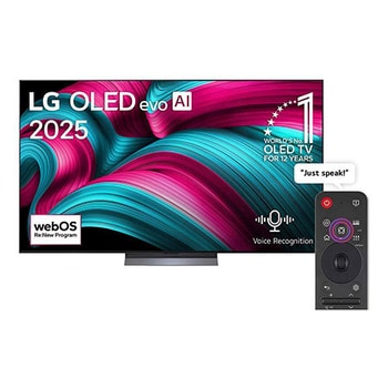 Front view of LG OLED evo AI C5 4K Smart TV. 12 Years of world number 1 OLED emblem and LG OLED evo AI 2025 logo are on the screen.
