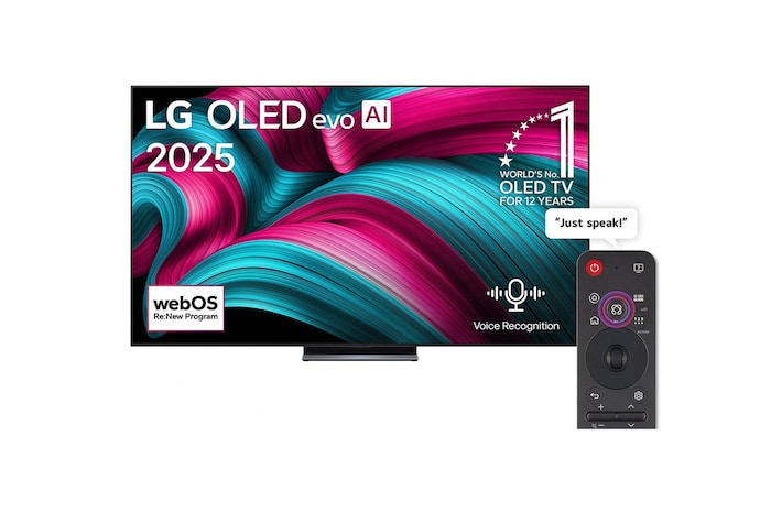 Front view of LG OLED evo AI C5 4K Smart TV. 12 Years of world number 1 OLED emblem and LG OLED evo AI 2025 logo are on the screen.
