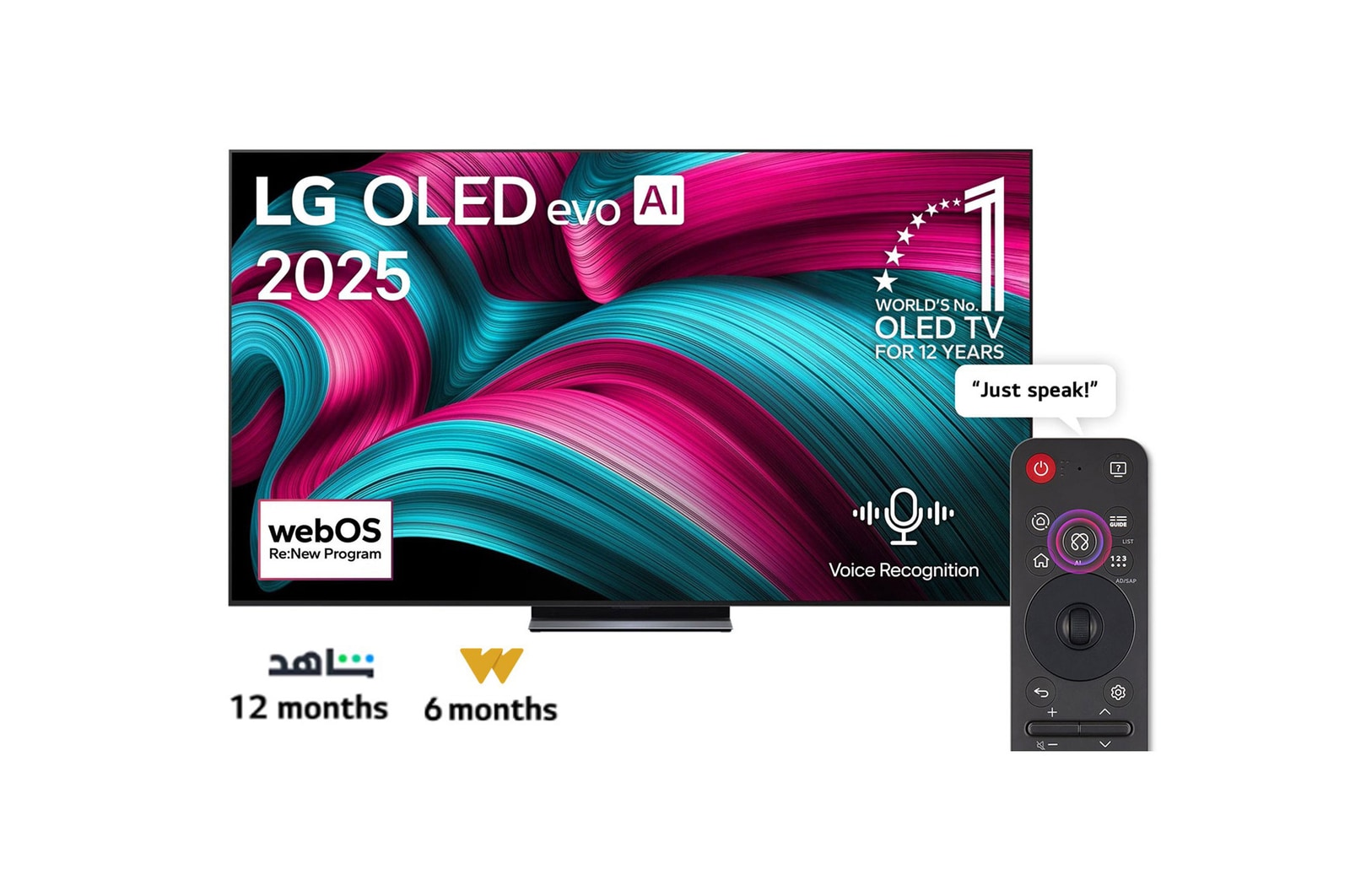 Front view of LG OLED evo AI C5 4K Smart TV. 12 Years of world number 1 OLED emblem and LG OLED evo AI 2025 logo are on the screen.
